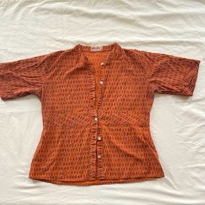 Orange Patterned Button-down Tee (Medium, Cotton)